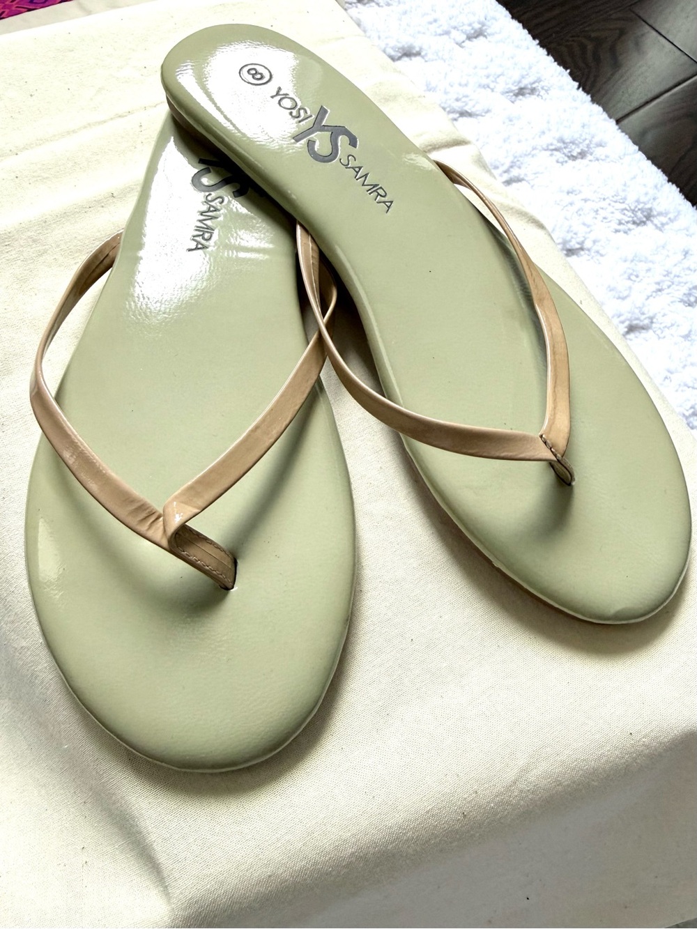 NWOT Yosi Samra Patent Leather Light Sage Flip Flop with Nude Straps